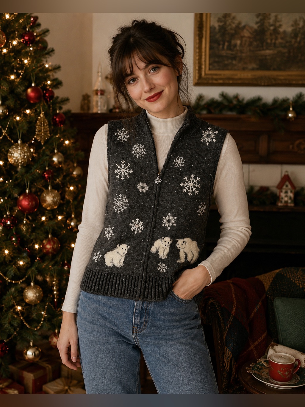Charter Club Petite Wool Blend Polar Bear Snowflake Sweater Vest Gray Zip P/S